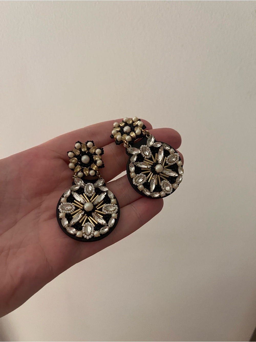 Jcrew black white beaded floral statement earrings. Fabric backed.